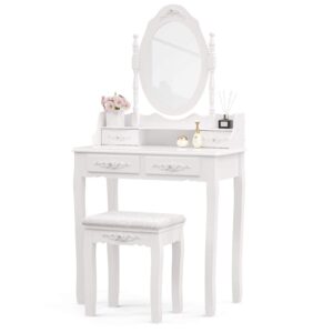 mecor vanity table set ,makeup table with oval mirror & stool, bedroom wood dressing table with 4 drawers white