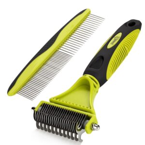 pecute pet dematting tool 2 pack - double sided undercoat rake & dematting comb for detangling matted or knotted undercoat hair, great for medium or long-haired dogs & cats
