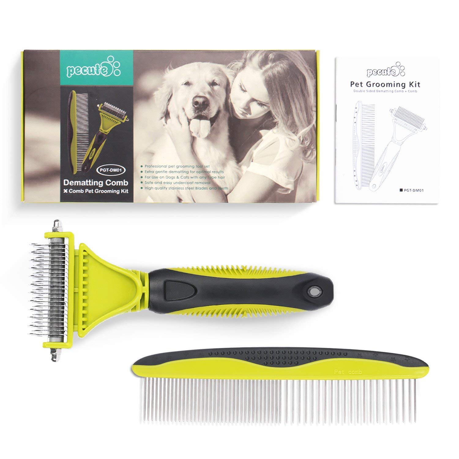 Pecute Pet Dematting Tool 2 Pack - Double Sided Undercoat Rake & Dematting Comb for Detangling Matted or Knotted Undercoat Hair, Great for Medium or Long-haired Dogs & Cats