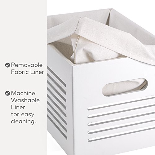 Large Wooden Crate for Storage - Decorative Wood Storage Boxes for Home Books Clothes Toys, This wood crate box/Basket/Bin Organizer is Lined with Machine Washable Soft Linen Fabric - White, Large