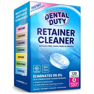120 retainer and denture cleaning tablets (4 months supply) - cleaner removes plaque, stains from dentures, retainers, night guards, mouth guard, aligners and removable dental appliances