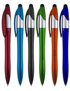 sypen 3 color ink ball pens and stylus for universal touch screen devices, each pen writes in 3-colors ink(black,red,blue) pen barrel colors,red,green, blue, orange,lt. blue and black (12 pack)