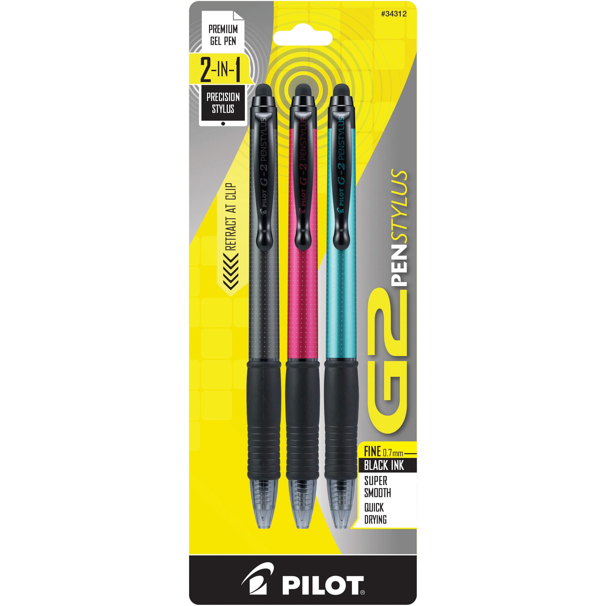 Pilot, G2 Pen Stylus, Fine Point 0.7 mm, Pack of 3, Black Ink, Gray/Red/Turquoise Barrel