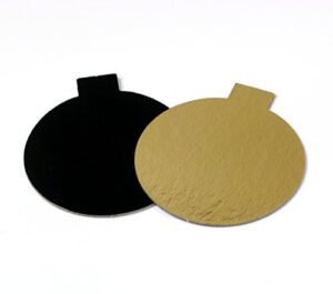 pastry chef's boutique mini single portion round gold/black cake board with tabs 3 1/8'' - 200pcs