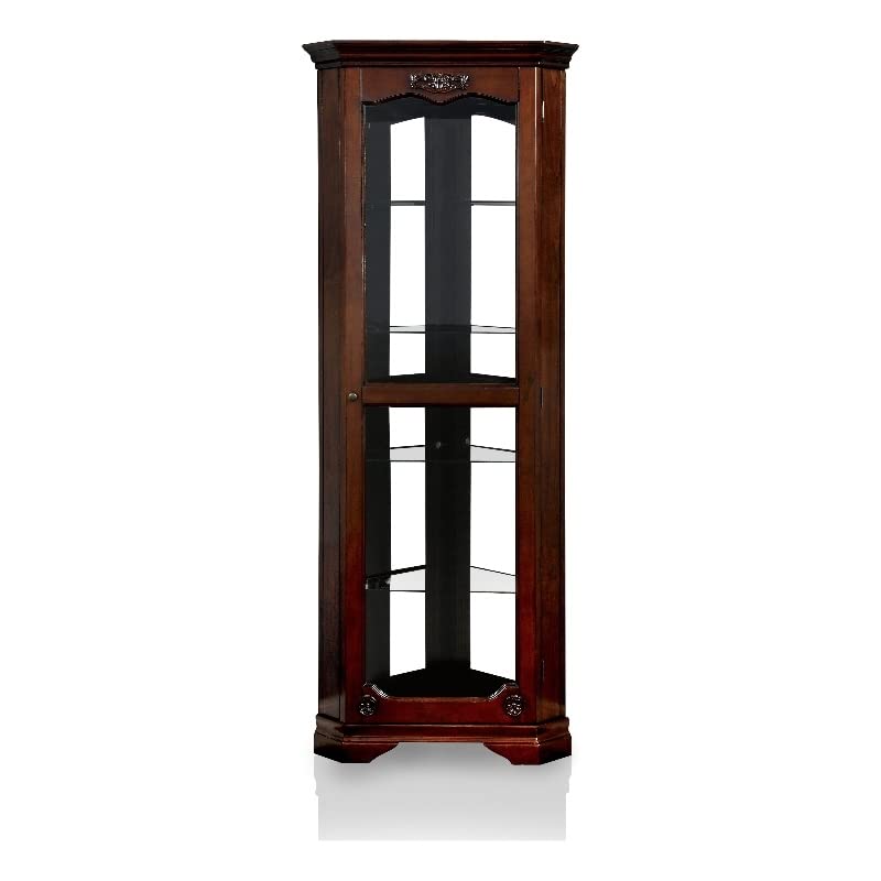 Furniture of America Lennie Glass Door Corner Curio Cabinet in Walnut