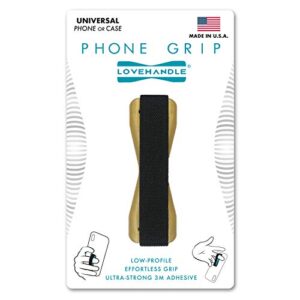 universal phone grip for most smartphones, mini tablets and cases, gold colored base with black strap, lh-01gold