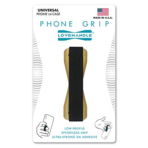 Universal Phone Grip for Most Smartphones, Mini Tablets and Cases, Gold Colored Base with Black Strap, LH-01Gold