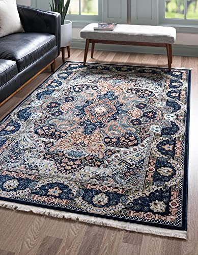 Unique Loom Narenj Collection Classic Traditional Medallion Textured Design Area Rug, 5 x 8 ft, Navy Blue/Tan