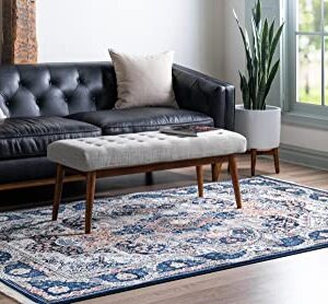 Unique Loom Narenj Collection Classic Traditional Medallion Textured Design Area Rug, 5 x 8 ft, Navy Blue/Tan