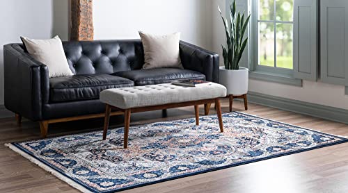 Unique Loom Narenj Collection Classic Traditional Medallion Textured Design Area Rug, 5 x 8 ft, Navy Blue/Tan