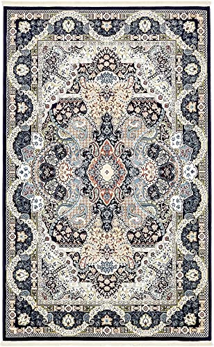 Unique Loom Narenj Collection Classic Traditional Medallion Textured Design Area Rug, 5 x 8 ft, Navy Blue/Tan