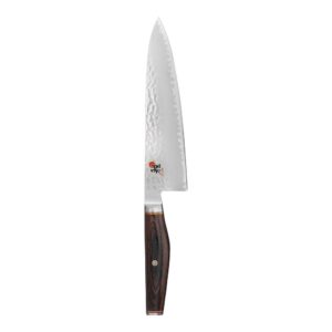 miyabi artisan 8-inch chef’s knife, made in japan, sharp hanbazuke finish, pakka wood handle