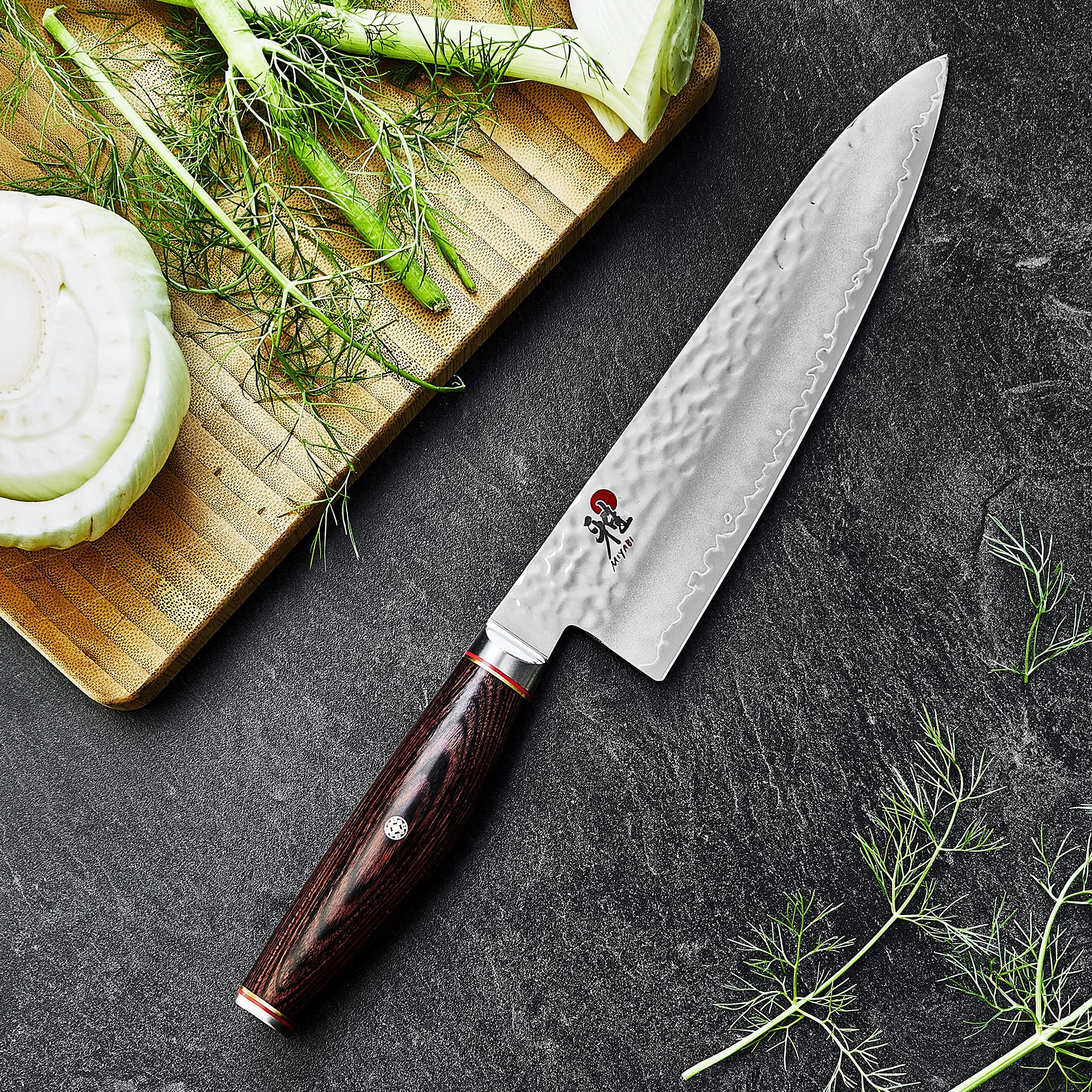 MIYABI Artisan 8-inch Chef’s Knife, Made in Japan, Sharp Hanbazuke Finish, Pakka Wood Handle