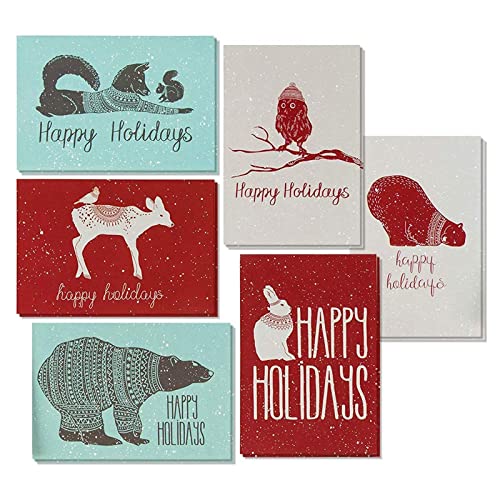 48 Pack Happy Holiday Cards with Envelopes, 6 Christmas Winter Animal Designs (4x6 In)