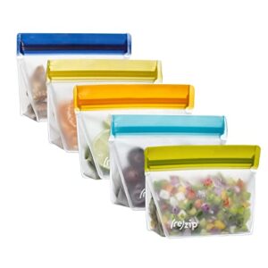 rezip 5-pack stand-up reusable snack bag bundle | bpa-free, food grade, leakproof, freezer and dishwasher safe | 1-cup bags (multicolor)