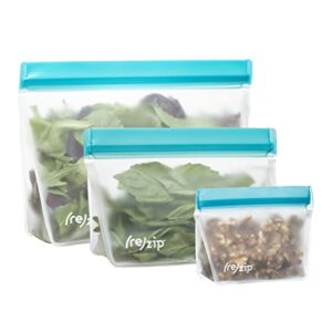 rezip 3-piece stand-up reusable bag bundle | bpa-free, food grade, leakproof, freezer and dishwasher safe | quart (1), 2-cup (1), snack (1) | aqua