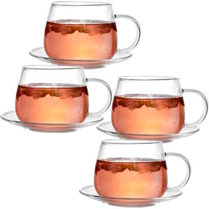 tosnail 4 pack 11oz glass cups and saucers set glass coffee mugs set, coffee cup with handle, drinking glasses for latte, cappuccino, mocha, hot chocolate, tea, juice and hot or iced beverage