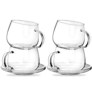 Tosnail 4 Pack 11oz Glass Cups and Saucers Set Glass Coffee Mugs Set, Coffee Cup with Handle, Drinking Glasses for Latte, Cappuccino, Mocha, Hot Chocolate, Tea, Juice and Hot or Iced Beverage