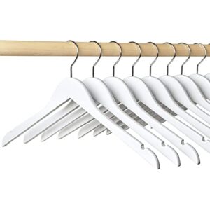 amber home smooth white finish solid wood shirt dress hangers 10 pack, sturdy wooden coat hangers with precisely notches, clothes hangers for jacket, camisole, bridal (white, 10)
