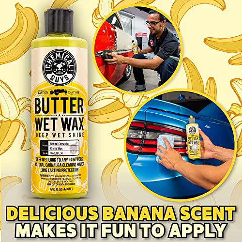 Chemical Guys WAC_201_16 Butter Wet Wax (16 fl oz) Banana Scent, and MIC_292_08 Premium Grade Microfiber Applicator, Blue (Pack of 8)