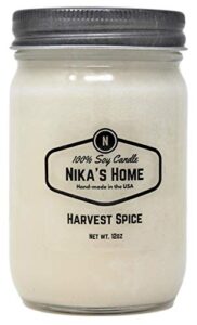 nika's home harvest spice soy candle 12oz mason jar non-toxic white candle-hand poured handmade, clean long burning 50-60 hours highly scented pumpkin all natural, pumpkin spice gift décor