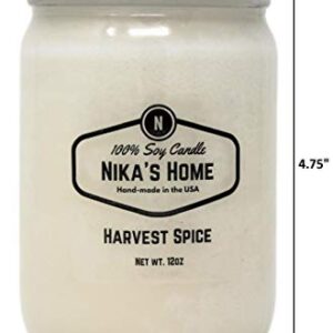 Nika's Home Harvest Spice Soy Candle 12oz Mason Jar Non-Toxic White Candle-Hand Poured Handmade, Clean Long Burning 50-60 Hours Highly Scented Pumpkin All Natural, Pumpkin Spice Gift Décor