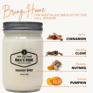 Nika's Home Harvest Spice Soy Candle 12oz Mason Jar Non-Toxic White Candle-Hand Poured Handmade, Clean Long Burning 50-60 Hours Highly Scented Pumpkin All Natural, Pumpkin Spice Gift Décor