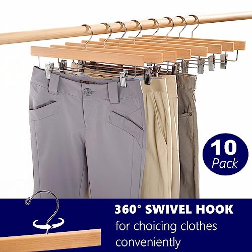 Amber Home 10 Pack Natural Wooden Pants Skirts Hangers, Solid Wood Trousers Bottom Hanger with 2-Adjustable Clips, Clip Hangers for Slacks, Jeans, Shorts (Natural, 10 Pack)