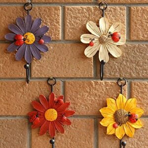 Creative Daisy Resin Wall Hooks Wall Mounted Art Flower Iron Hook Hand-Painted Hanging Coat / Hat /Key/ Towel Hooks Home Decoration(Set of 4)