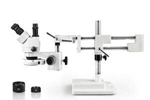 vision scientific vs-5fz-ifr07 simul-focal trinocular zoom stereo microscope,10x wf eyepiece,0.7x-4.5x zoom,3.5x—90x magnification,0.5x & 2x auxiliary lens, double arm boom stand, 144-led ring light