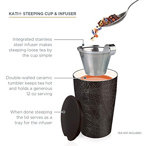 Tea Forte Kati Cup Noir, Ceramic Tea Infuser Cup with Infuser Basket and Lid for Steeping Loose Leaf Tea