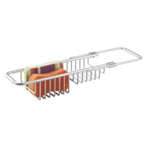 mdesign modern adjustable, expandable over sink sponger holder storage center - kitchen organizer caddy for scrubbers, dish wands, vegetable brushes, soap - rust free aluminum - silver