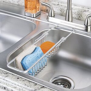 mDesign Modern Adjustable, Expandable Over Sink Sponger Holder Storage Center - Kitchen Organizer Caddy for Scrubbers, Dish Wands, Vegetable Brushes, Soap - Rust Free Aluminum - Silver