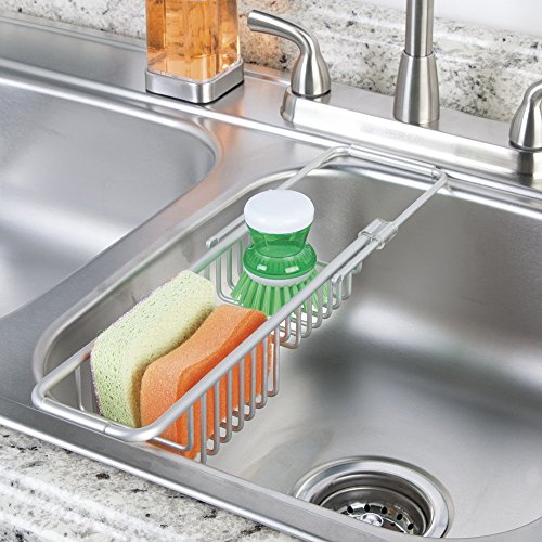 mDesign Modern Adjustable, Expandable Over Sink Sponger Holder Storage Center - Kitchen Organizer Caddy for Scrubbers, Dish Wands, Vegetable Brushes, Soap - Rust Free Aluminum - Silver