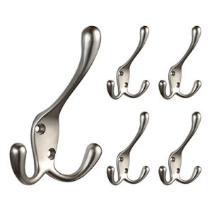 franklin brass hook with 3 prongs wall hooks 5-pack, satin nickel, b42306m-sn-c