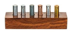 6pc specific heat metal cylinders set - copper, lead, brass, zinc, iron & aluminum - includes wooden storage block - for specific heat, specific gravity & density experimentation - eisco labs