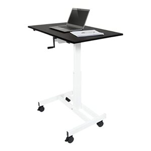 stand up desk store crank adjustable height single column rolling mobile standing desk (white frame/black top, 40" wide)