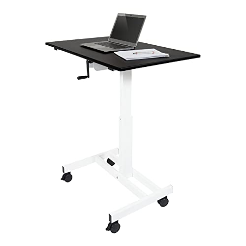 Stand Up Desk Store Crank Adjustable Height Single Column Rolling Mobile Standing Desk (White Frame/Black Top, 40" Wide)