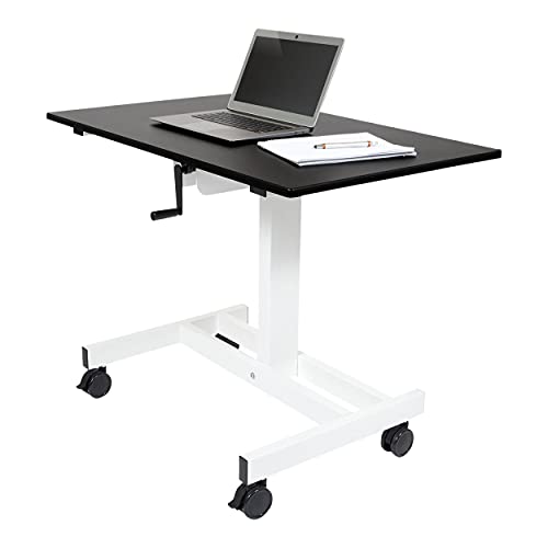 Stand Up Desk Store Crank Adjustable Height Single Column Rolling Mobile Standing Desk (White Frame/Black Top, 40" Wide)