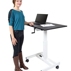 Stand Up Desk Store Crank Adjustable Height Single Column Rolling Mobile Standing Desk (White Frame/Black Top, 40" Wide)