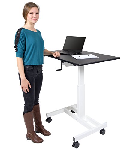 Stand Up Desk Store Crank Adjustable Height Single Column Rolling Mobile Standing Desk (White Frame/Black Top, 40" Wide)