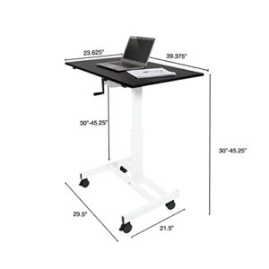 Stand Up Desk Store Crank Adjustable Height Single Column Rolling Mobile Standing Desk (White Frame/Black Top, 40" Wide)