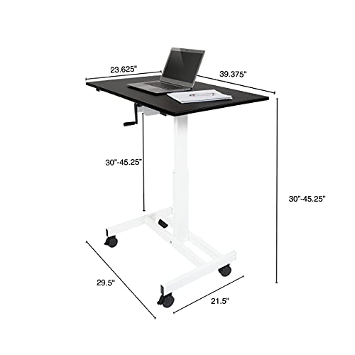 Stand Up Desk Store Crank Adjustable Height Single Column Rolling Mobile Standing Desk (White Frame/Black Top, 40" Wide)