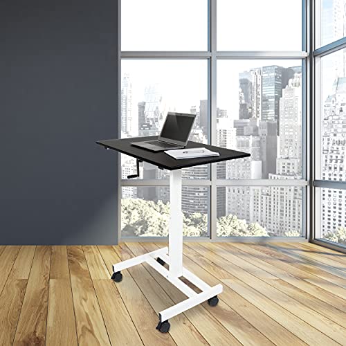 Stand Up Desk Store Crank Adjustable Height Single Column Rolling Mobile Standing Desk (White Frame/Black Top, 40" Wide)