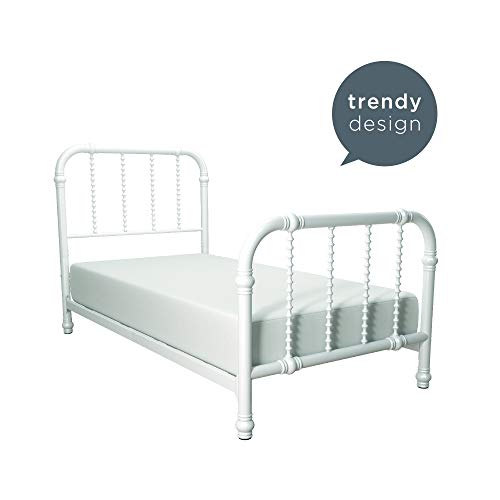 DHP Jenny Lind Kids Metal Bed Frame with Country Chic Headboard and Footboard, Underbed Storage Space for Toys, Twin, White