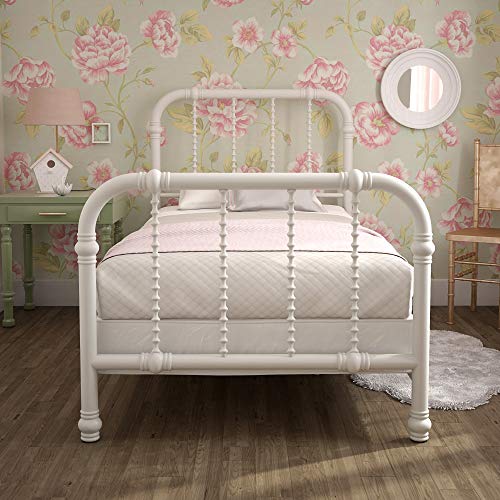 DHP Jenny Lind Kids Metal Bed Frame with Country Chic Headboard and Footboard, Underbed Storage Space for Toys, Twin, White