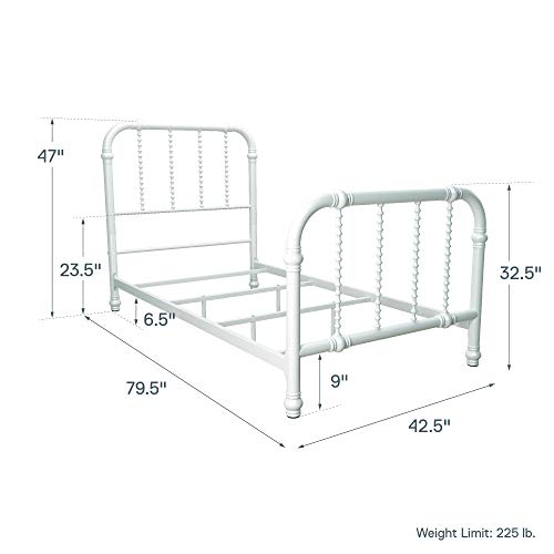 DHP Jenny Lind Kids Metal Bed Frame with Country Chic Headboard and Footboard, Underbed Storage Space for Toys, Twin, White