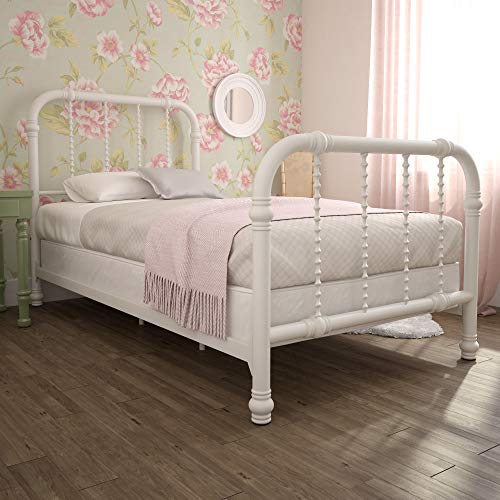 DHP Jenny Lind Kids Metal Bed Frame with Country Chic Headboard and Footboard, Underbed Storage Space for Toys, Twin, White