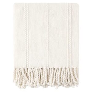 battilo home white throw blanket for couch, knitted cream throw blankets for bed, decorative woven throws with tassel, soft warm off white blanket for all season(white, 50"x 60")