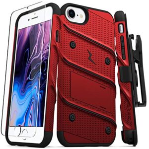 zizo bolt series for iphone se (3rd and 2nd gen)/8/7 case with screen protector kickstand holster lanyard - red & black
